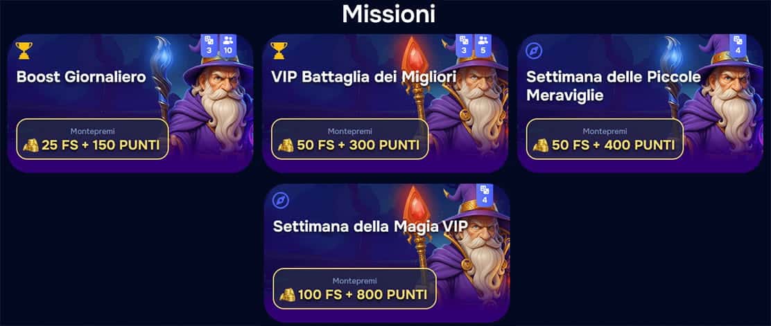 Missions and tournaments at Wizardo casino. 